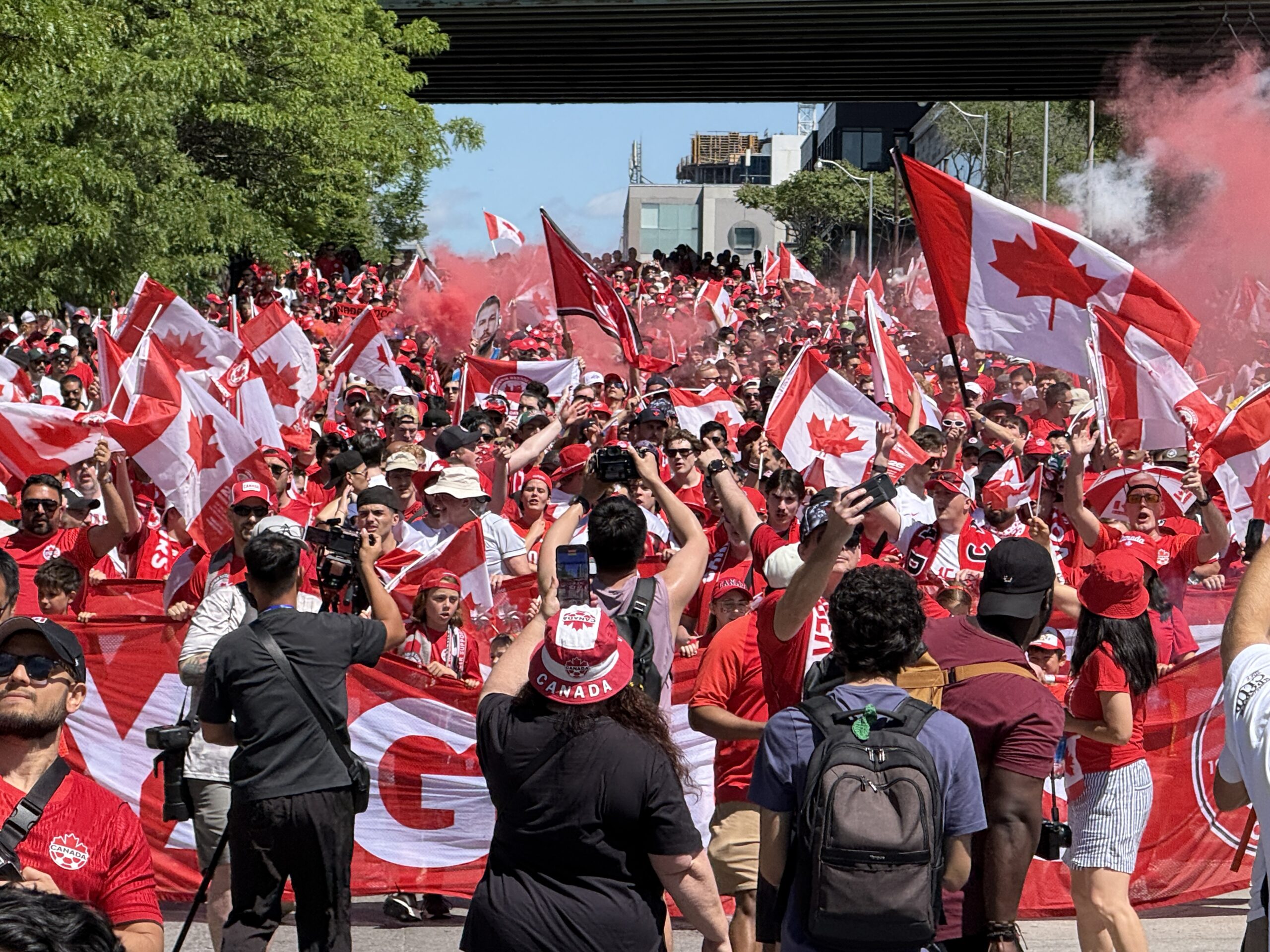 Fans marching down Strachan Avenue